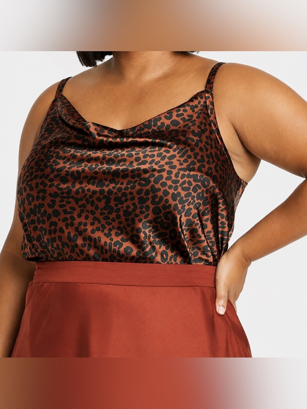 AVA & VIV | Leopard Print Satin Cowl Neck Top (Brown/Copper & Black)